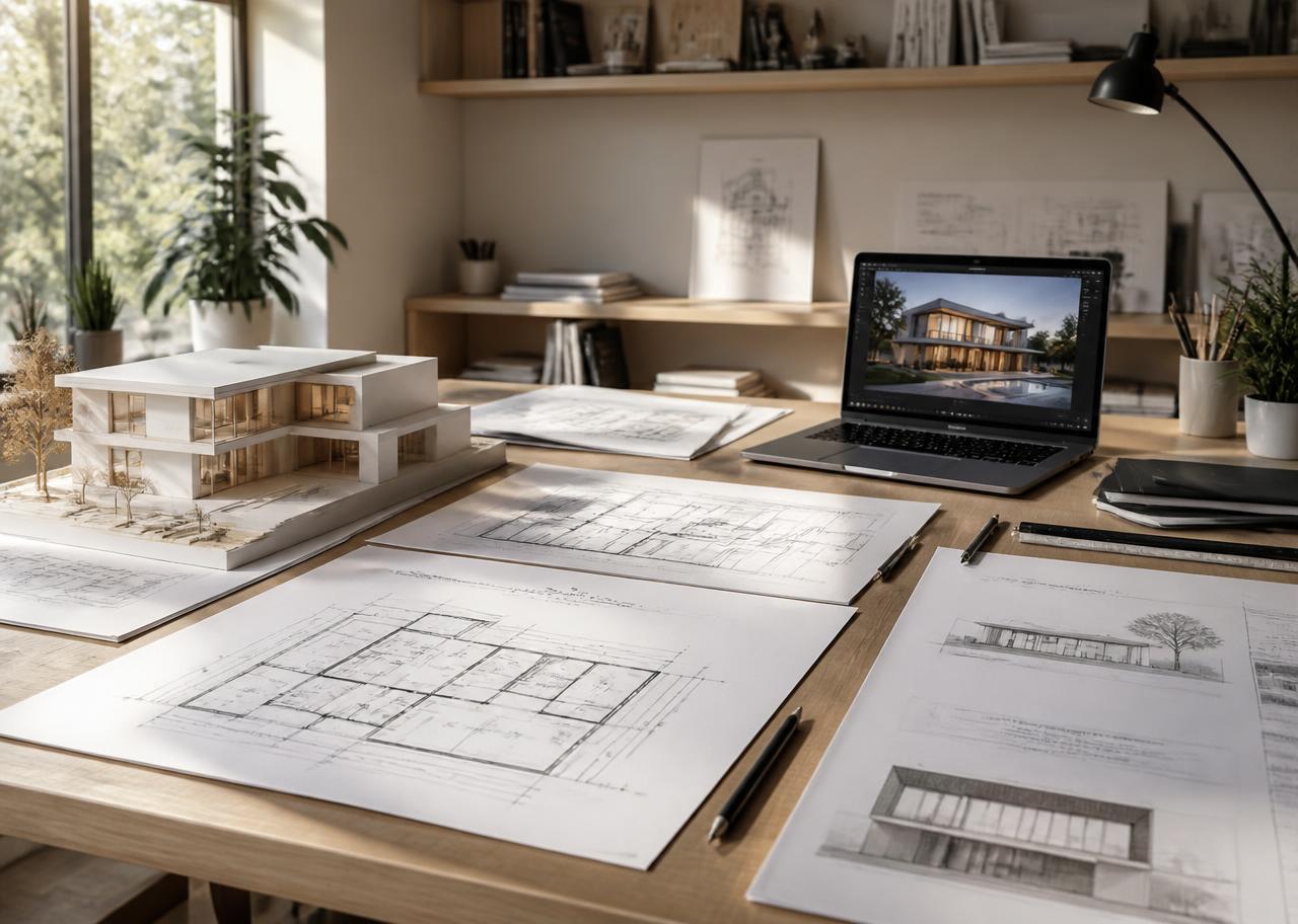 Bureau d'études PBN-Renov : plans et maquette d'une maison contemporaine